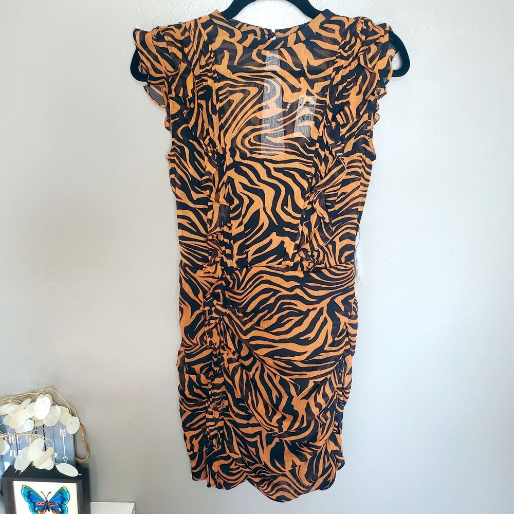 Express Dress Womens Size Small Tiger Print Ruffle Black Brown Chiffon Tags New